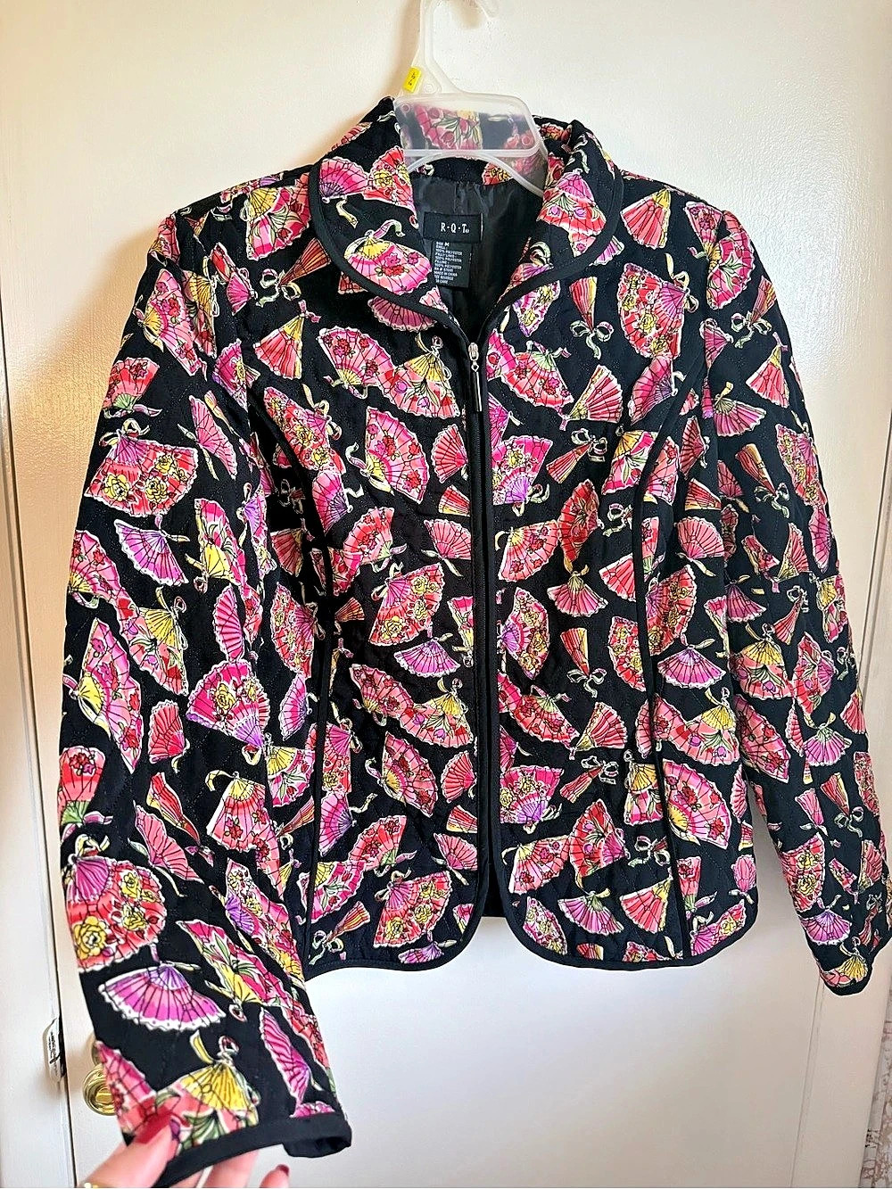 R-Q-T Quilted Japanese Folding Fan Print Zip Jacket Vintage Style Medium